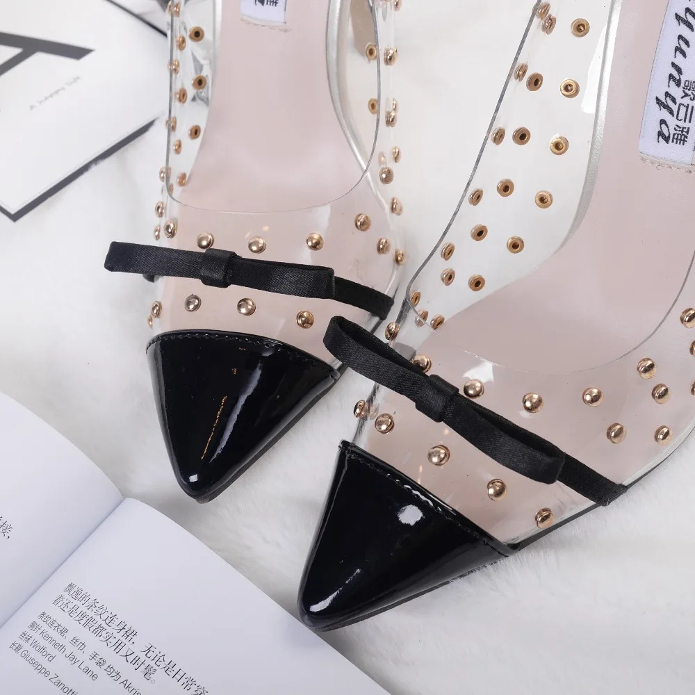 Pop Nice Pop Sexy Women Shoes Pointed Toe Stilettos Transparent Rivet High Heel Lady Shoes Female Elegant Bow Pumps Autumn