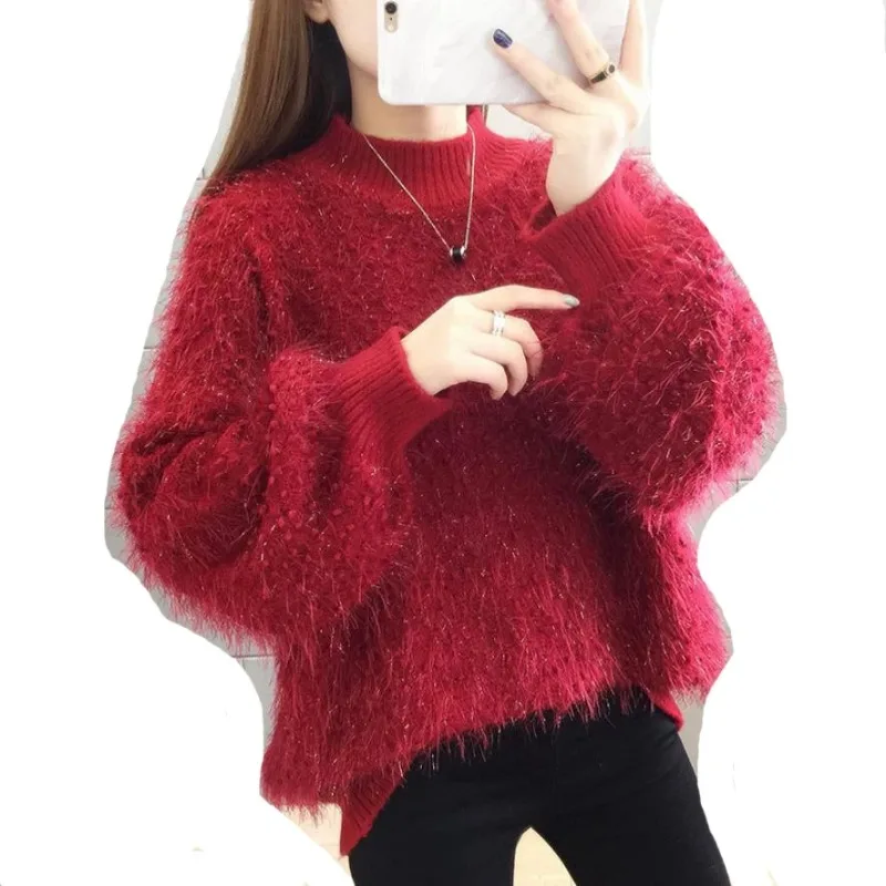 2023 New Style Mohair Knit Sweater Women Pullover Winter Fashion Shiny Soft Warm Pullover Women Loose Sweater Casual Top Unif