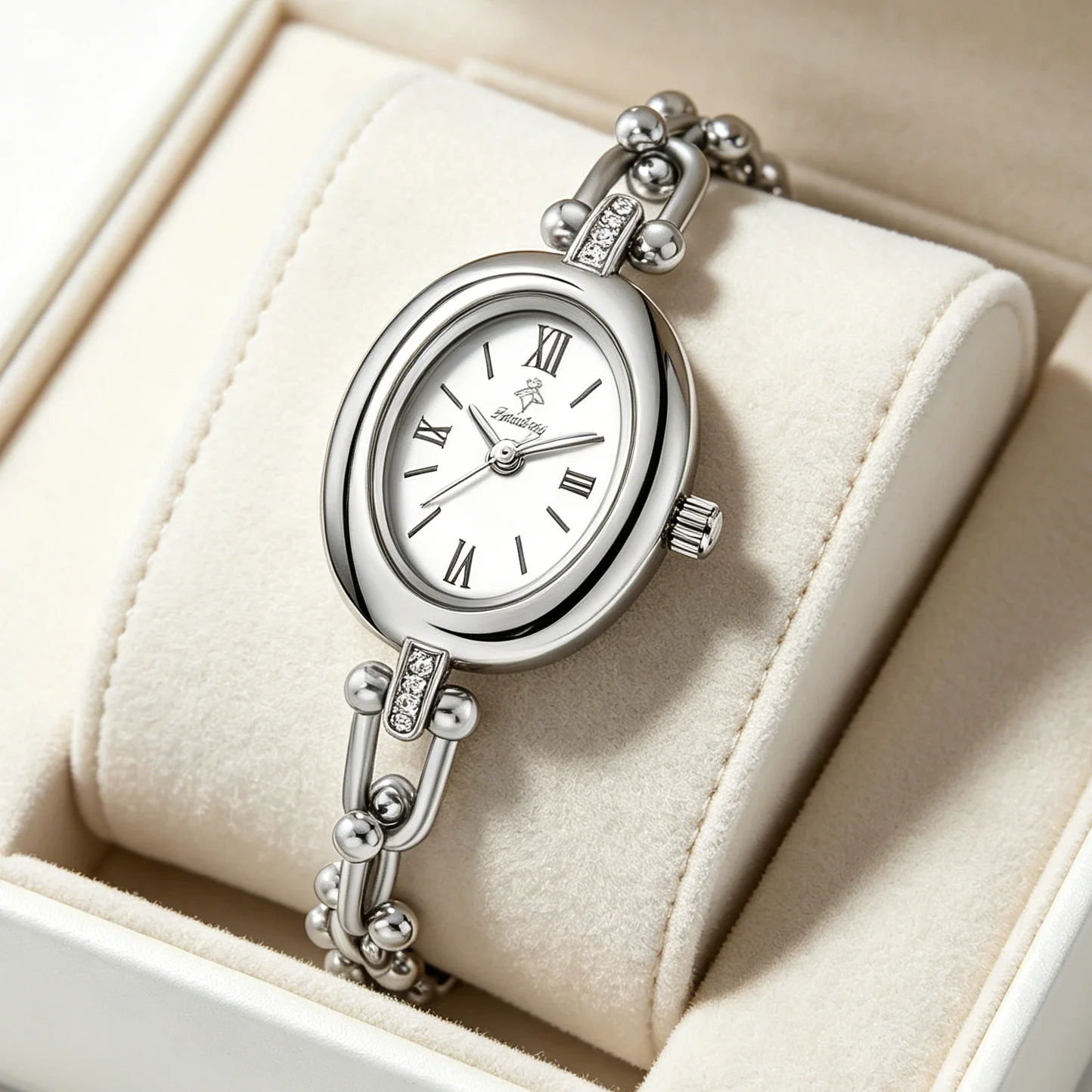 YaLaLuSi Elegant Vintage Silver Ladies Wristwatch Oval White Roman Dial Sparkling Crystal Accent U Chain Bead Strap Fashion Quartz Watch For Office Daily Banquet Occasions