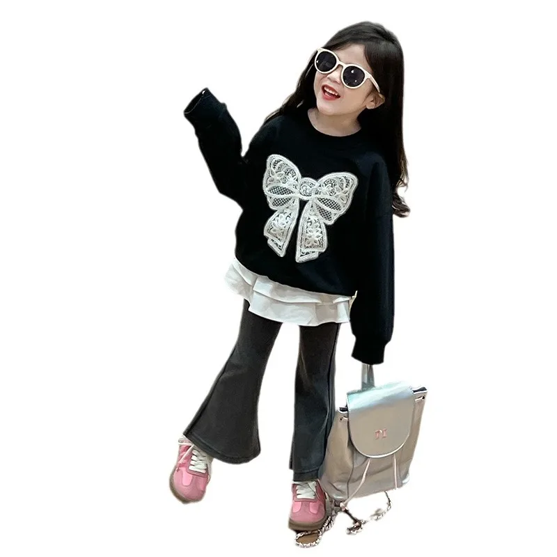 

Autumn 2026 New Foreign Lace Bow Sweatshirt Layered Cake Skirt Foreign Retro Bell Bottoms Suit