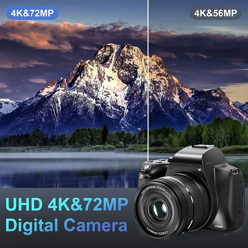 كاميرا رقمية 4K UHD 72MP 12X زووم بصري تصوير احترافي تركيز تلقائي واي فاي ضوء فلاش لـ Tiktok ins Youtube Webcast