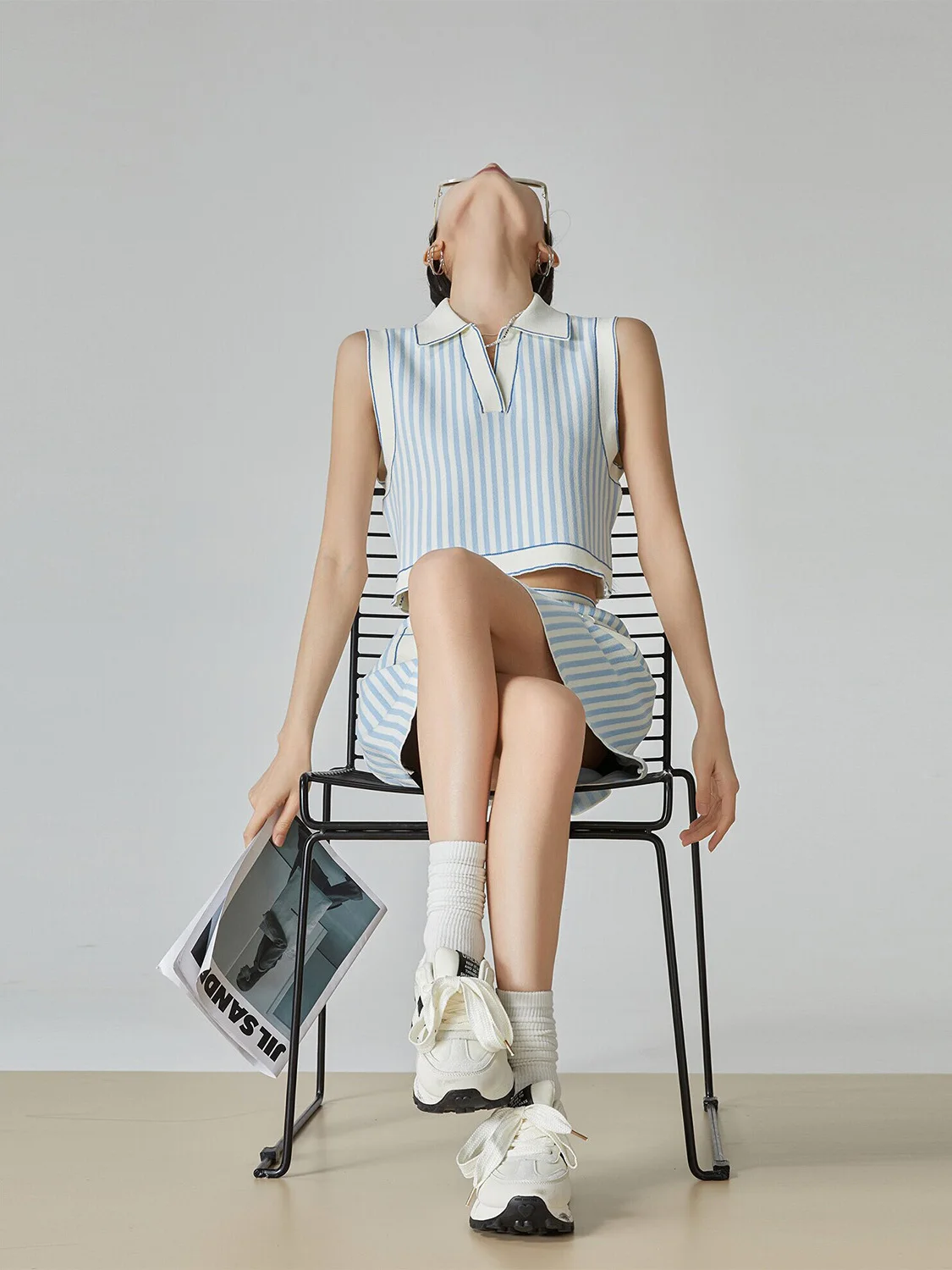 

Blue White Striped Collared Sleeveless Vest Skirt Two Piece Set Slimming Design Summer 2026 Fashion Casual Polyester Fiber