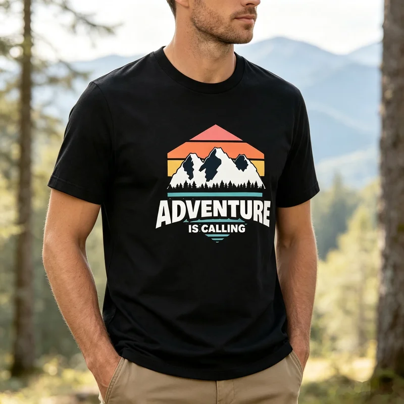 Adventure Is Calling T‑Shirt Vintage Sunset Mountain Cotton Tee Men Women Outdoor Adventure Hiking Camping Nature‑lover Casual