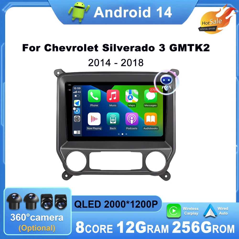 For Chevrolet Silverado 3 GMTK2 2014 - 2018 Android14 Car Radio GPS Navigation Carplay Multimedia Player Auto DSP Stereo NO 2DIN