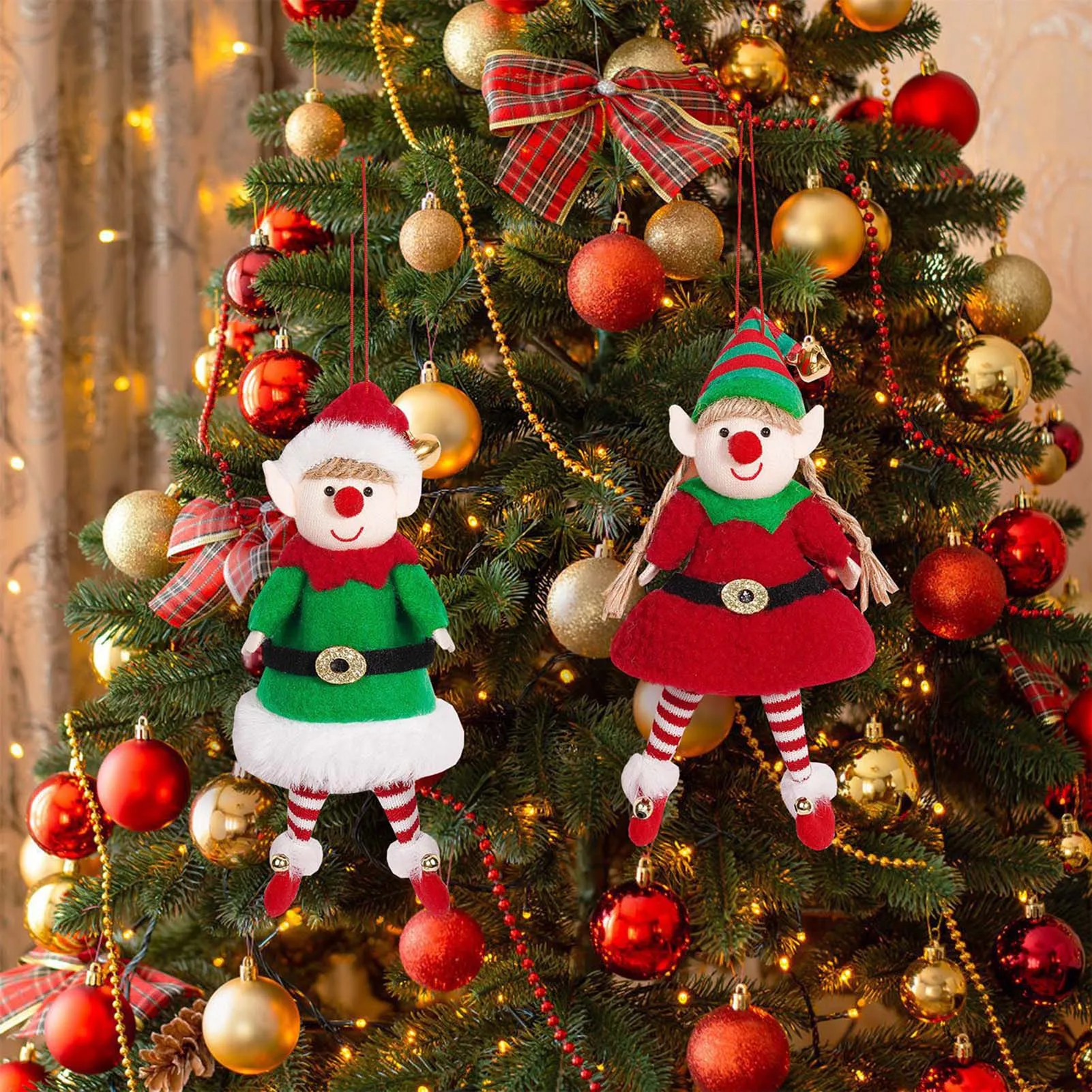 Stuffed Christmas Elf Decorations Dressed In Traditional Red and Green Clothing Design Suitable for Heartwarming Gifts