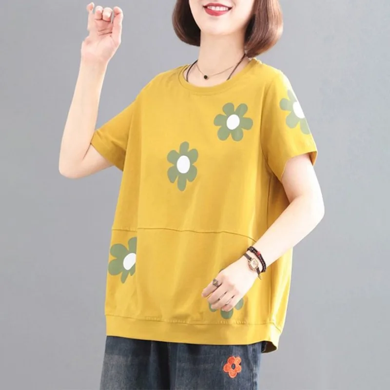 

Fashion 2024 Summer New Cotton Short Sleeve Tees Women's Round Neck Printed Spliced Loose Commute All-match Casual T-Shirts Tops