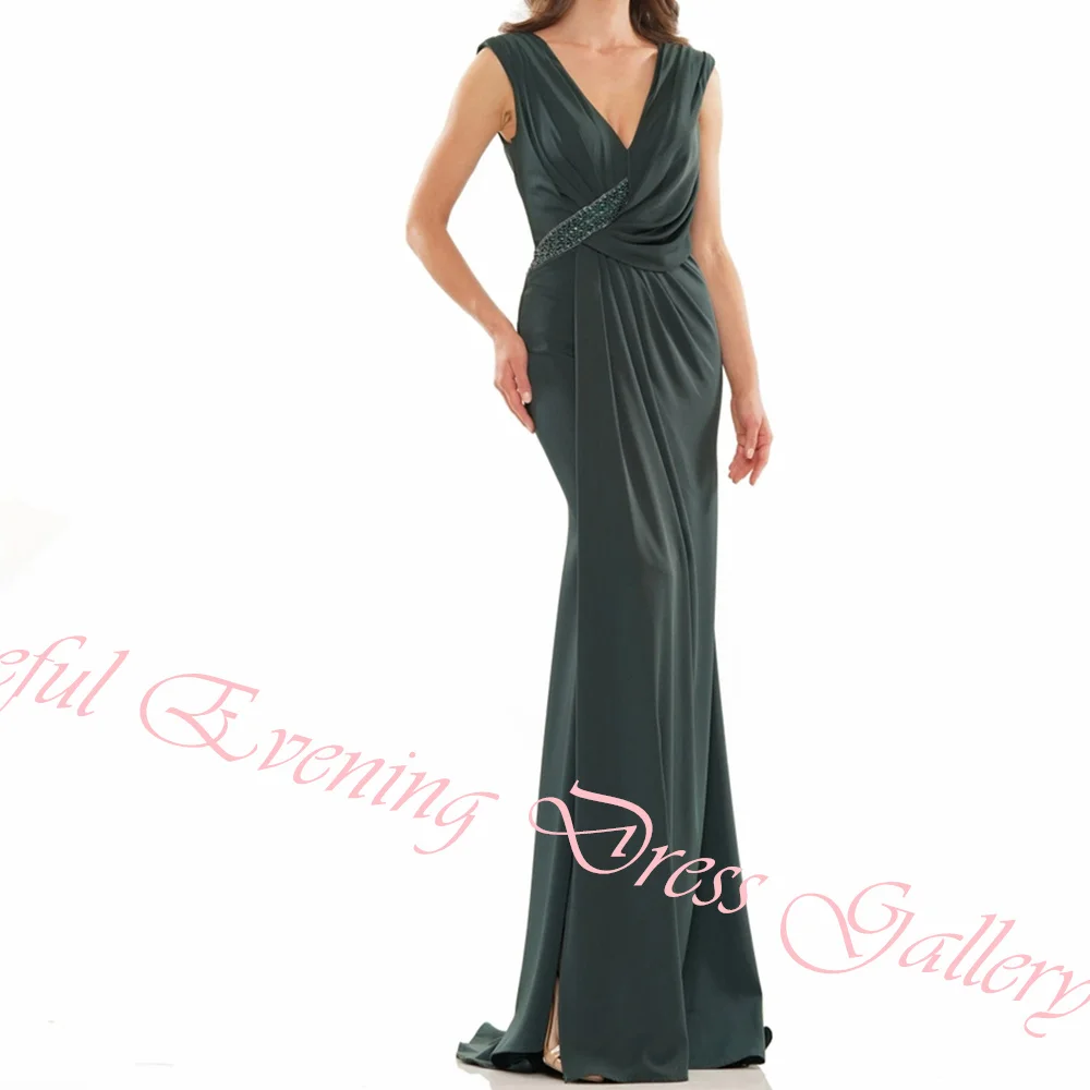 Customized Classic Pleat Crystal V-Neck Floor Length Evening Dress Straight Side Slit  Jersey Sleeveless Vestidos Para Mujer