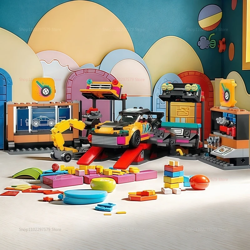 Neue Bausteine City Car Modifikation Reparaturstation 4S Shop kompatibel mit 60389 zusammengebauten Rennspielzeug Kindergeschenke