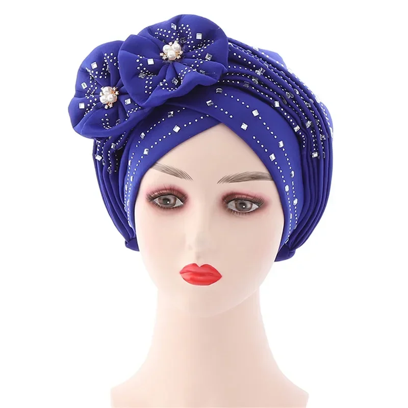 

Beautiful Women Head Wrap African Headtie Nigerian Gele Headties with Beads Diamonds Stones for Party 2pcs Muslim Turban Fashion
