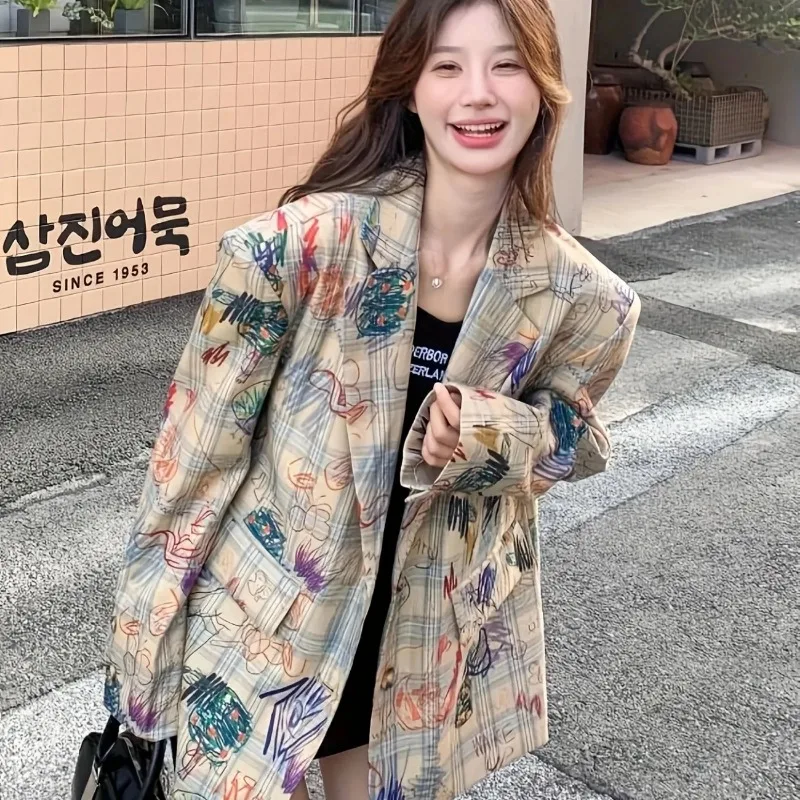 Women's Oversized Plaid Blazer with Colorful iti Print Casual Artistic Jacket