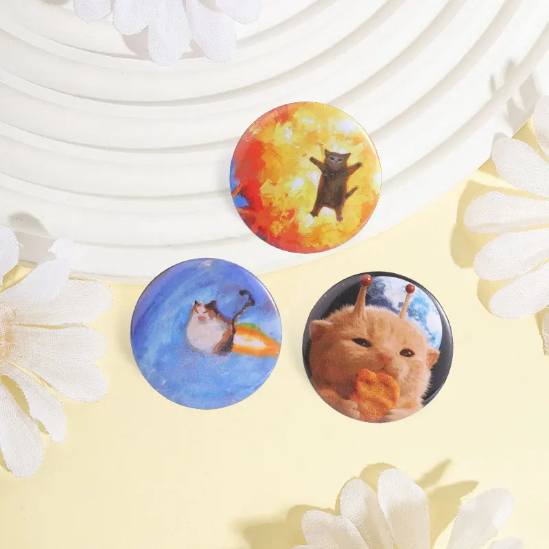 Space Alien Cat Tinplate Soft Button Pins Cute Alien Cat Badge Rocket Cat Flying in Universe Brooch Gift for Cat Lovers Meme Fan