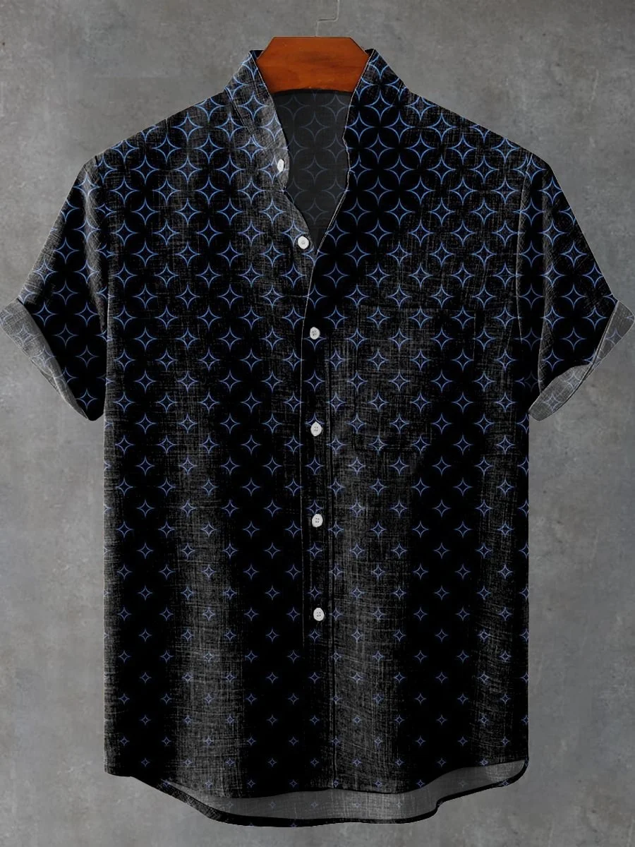 

New men's retro print casual linen short-sleeved shirt. Comfortable fabric. Men's clothing. Fast shipping
