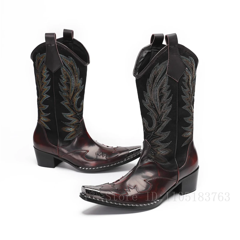 Autumn Winter Men Mid Calf Boots Genuine Leather Embroidery Chunky Heels Slip On Cowboy Boots Design Square Toe Chelsea Boots