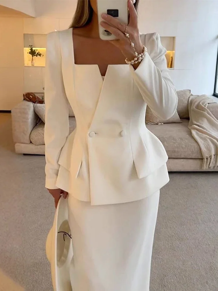 

Elegant White Coat Skirt Sets Women Fashion Square Collar Slim Jacket High Waist Long Skirt Autumn New Ladies Cummuter Suit