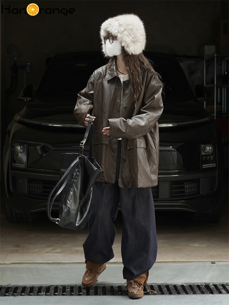 เสื้อแจ็คเก็ตหนัง PU ทรงหลวม สไตล์แฟชั่นฤดูหนาว HanOrange 2025 สีน้ำตาลกาแฟ