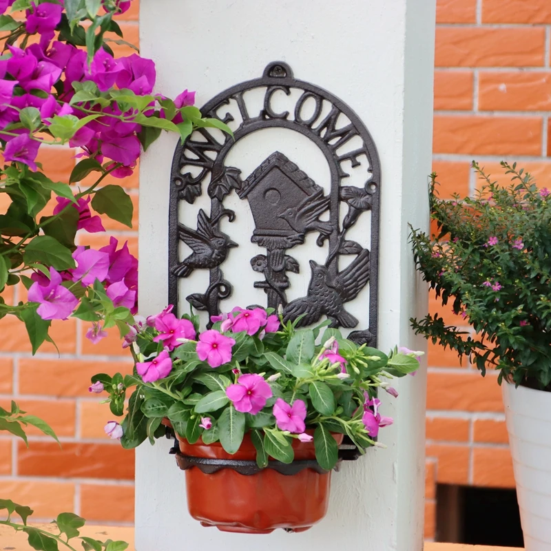 Creative Cast Iron Birdhouse Flower Pot Stand, Iron Art Wall-Mounted Flower Basket Rack, Wall Storage Flower Stand, Wall Decor,