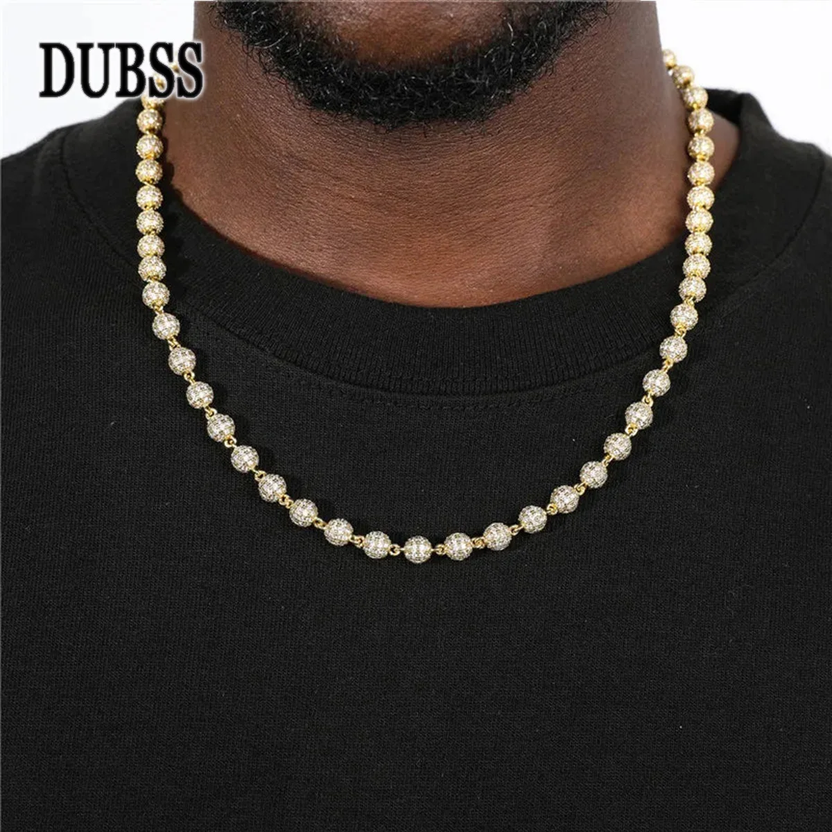 DUBSS Iced Out Ball Chain for Men Real Copper Cubic Zirconia Choker Necklace Gold Plated Hip Hop Jewelry