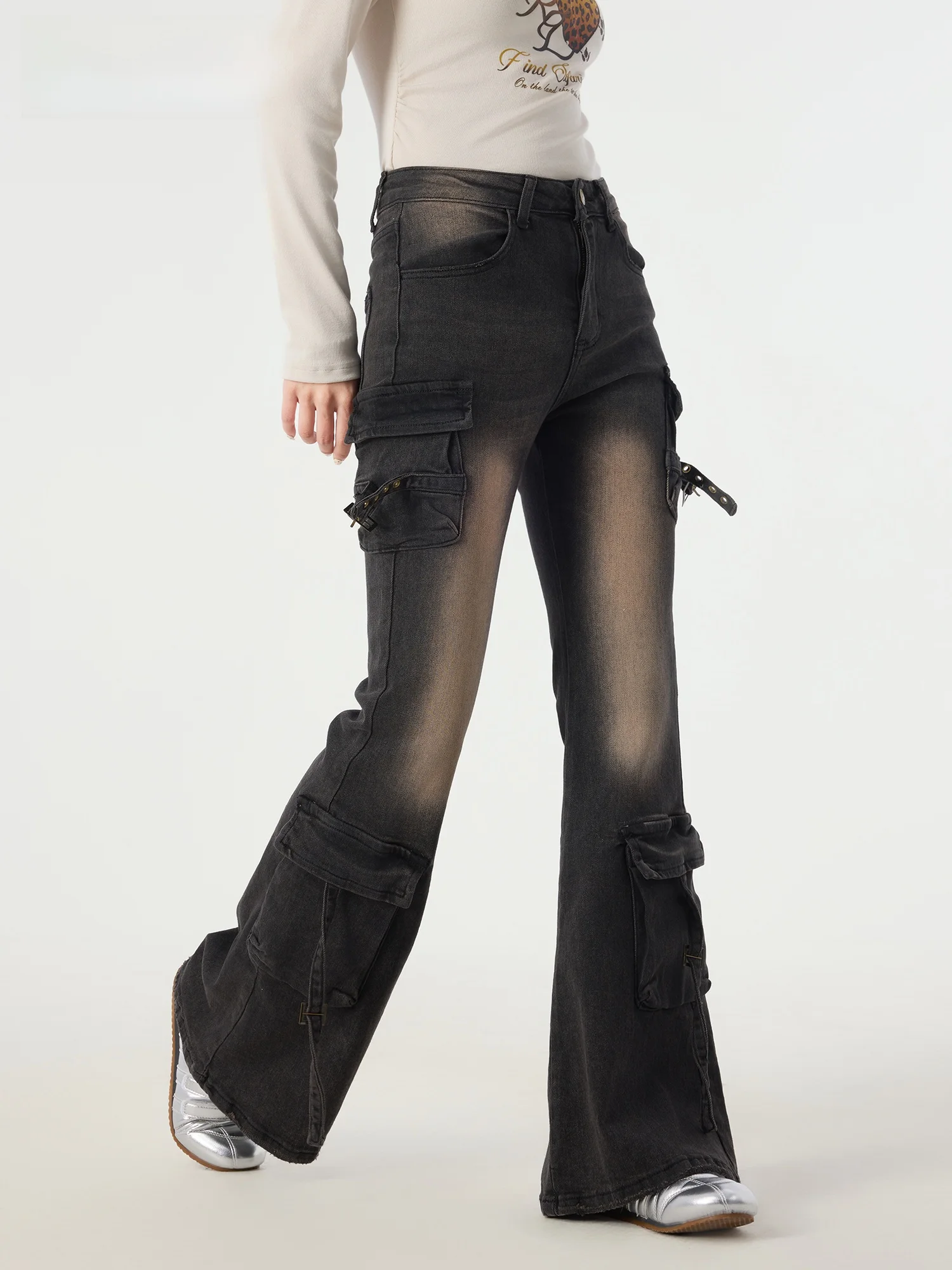 

Didimax Spring New Sle Bla Vintage Faded Bell Bot Jeans Spicy Girl Street Dance Sle Long Trousers Cotton l Waist