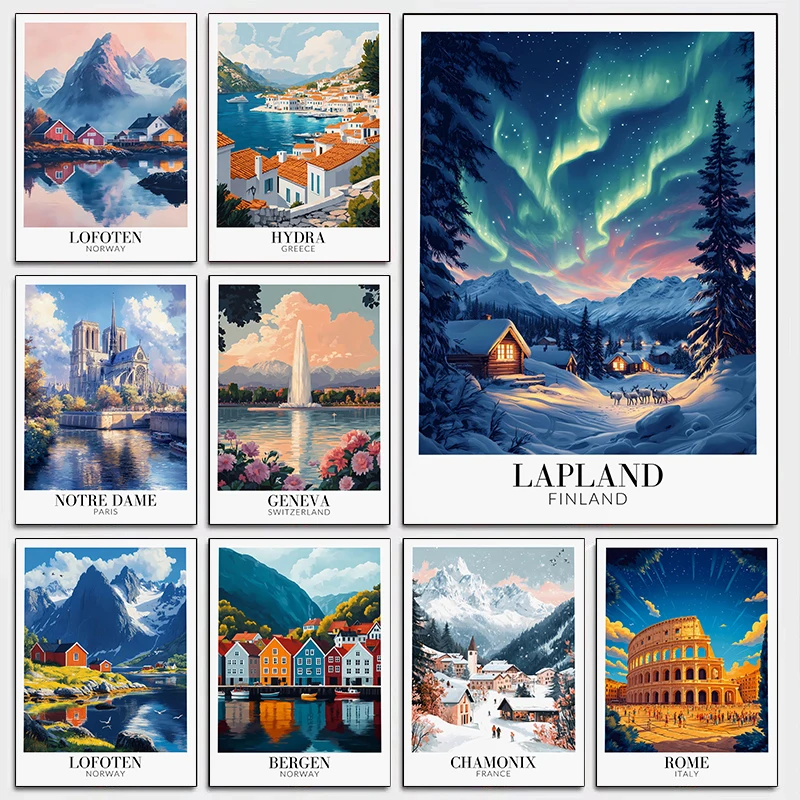 Europe Germany Finland Switzerland Italy City Landscape Berlin Lapland Geneva Lake Garda Travel Posters Canvas Paints Home Decor