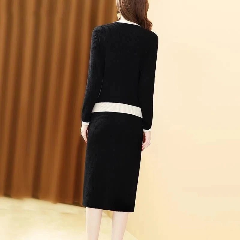 Elegant Knitted Suit Vintage 2 Piece Set Women Outfits Autumn Winter Korean Crewneck Pullover Sweater And Midi Skirt Suit 2022