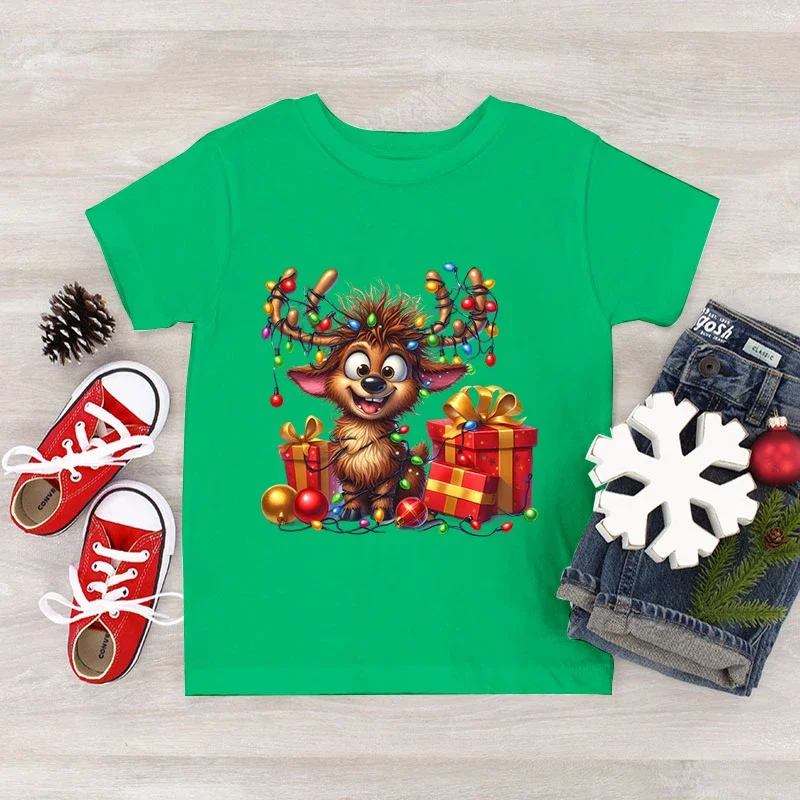 Cute Elk Deer Print Boys Girls Christmas T-shirts Fashion Short Sleeve Tops Cartoon Elk Deer Lamp String Xmas Gift Kids Tshirt