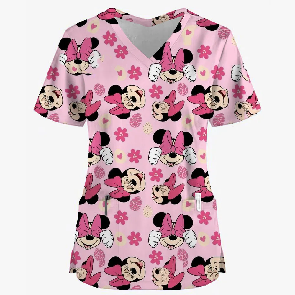 Summer Nurse Uniform Disney Mickey Mouse Print Pattern Dentist Beauty Salon Pet Shop Work Clothing V Neck Pocket T-Shirt Tops