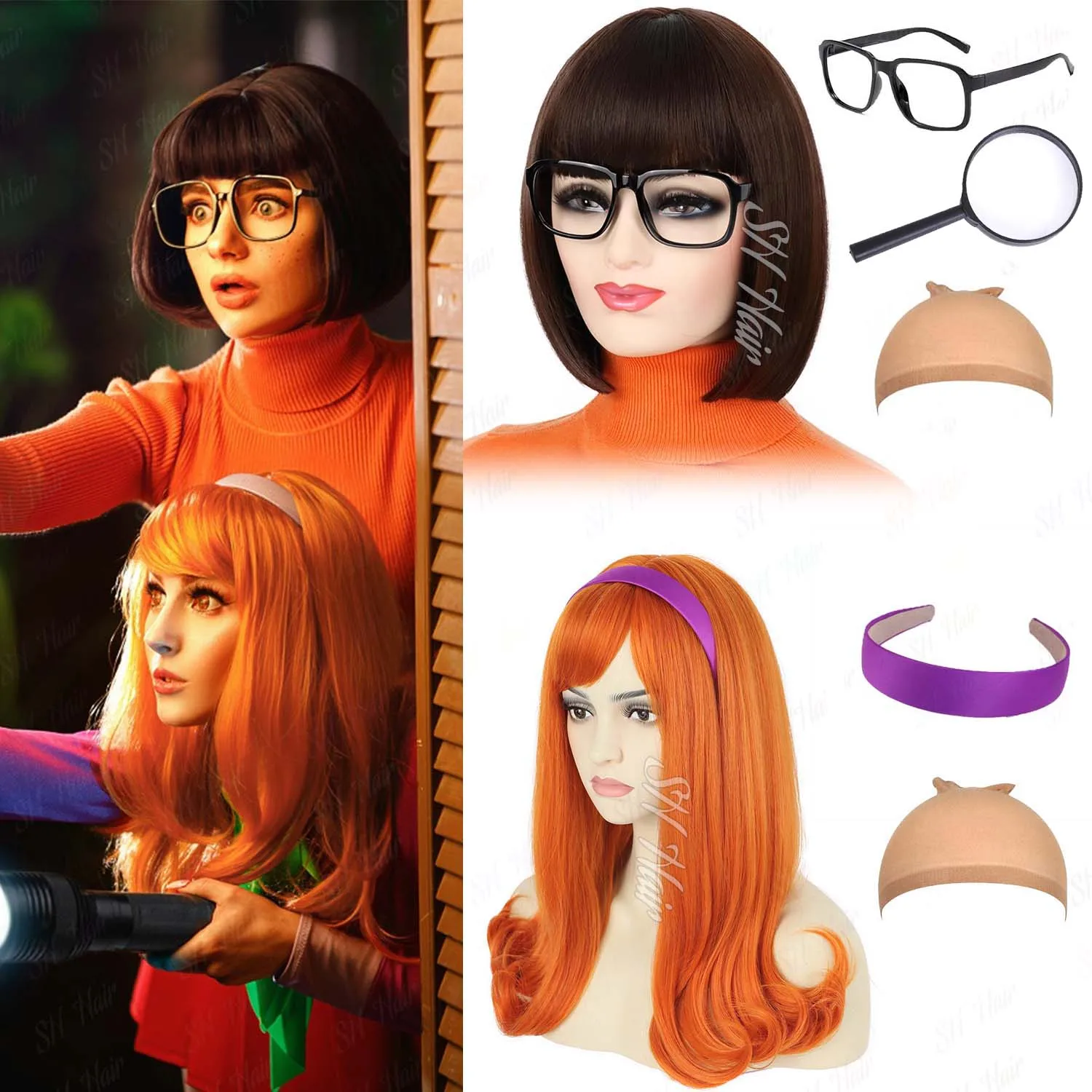 Synthetic Brown Wig with Bangs+Glasses+Magnifying Glass Velma Wig,Orange Wig+Purple Headband Daphne Costume Wig for Halloween