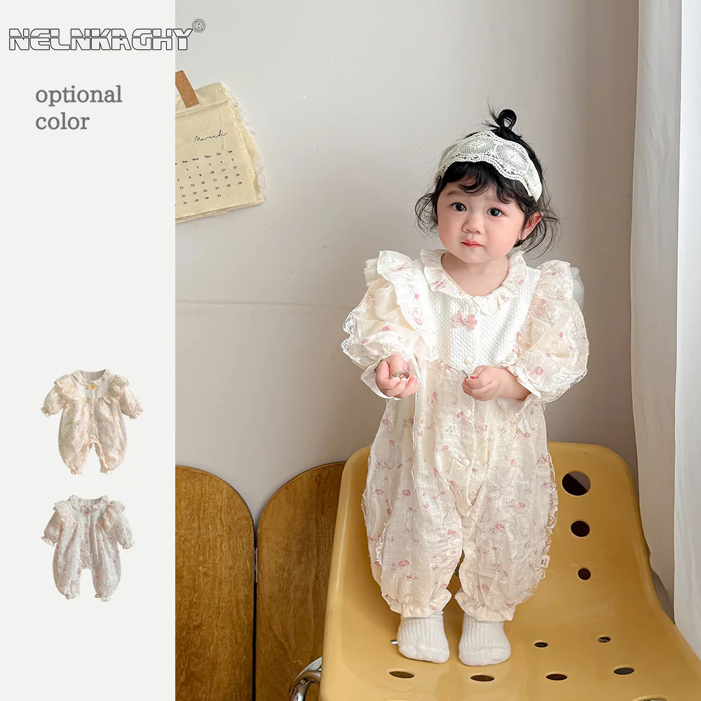 2024 Autumn New in Infant Princess Style Cute Clothing Kids Ruched Floral Lace Jumpsuits Newborn Baby Outfits Romper 0-24M