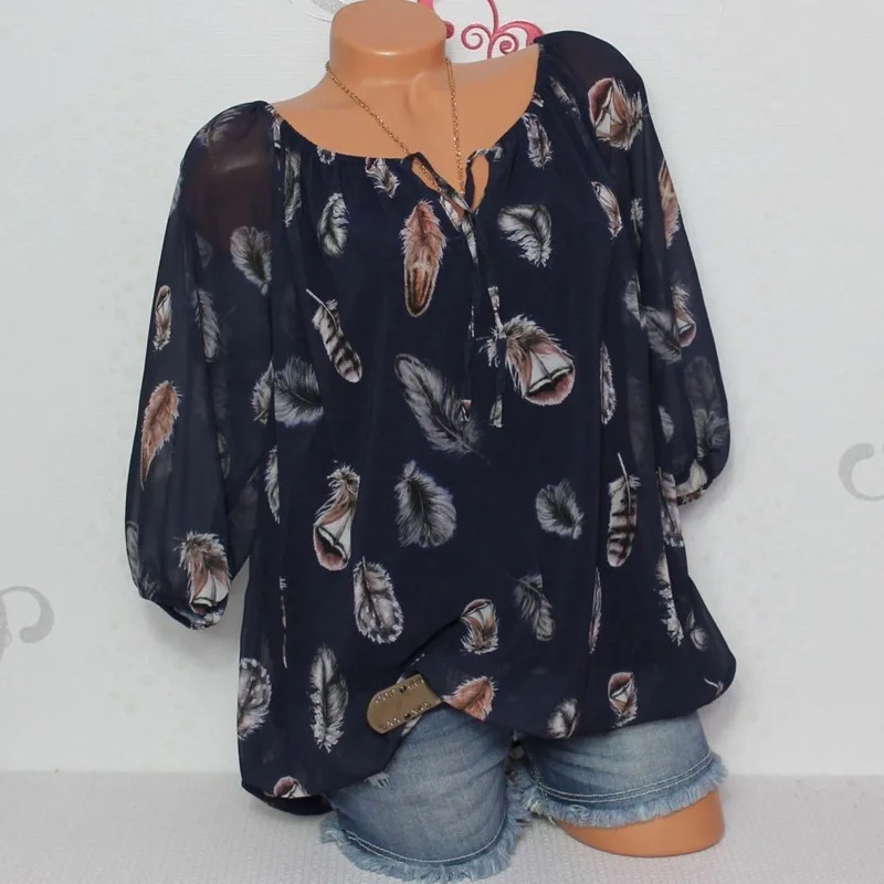 Blusa informal con estampado de plumas para verano, camisa Sexy de gasa con cuello en V para mujer, 2024