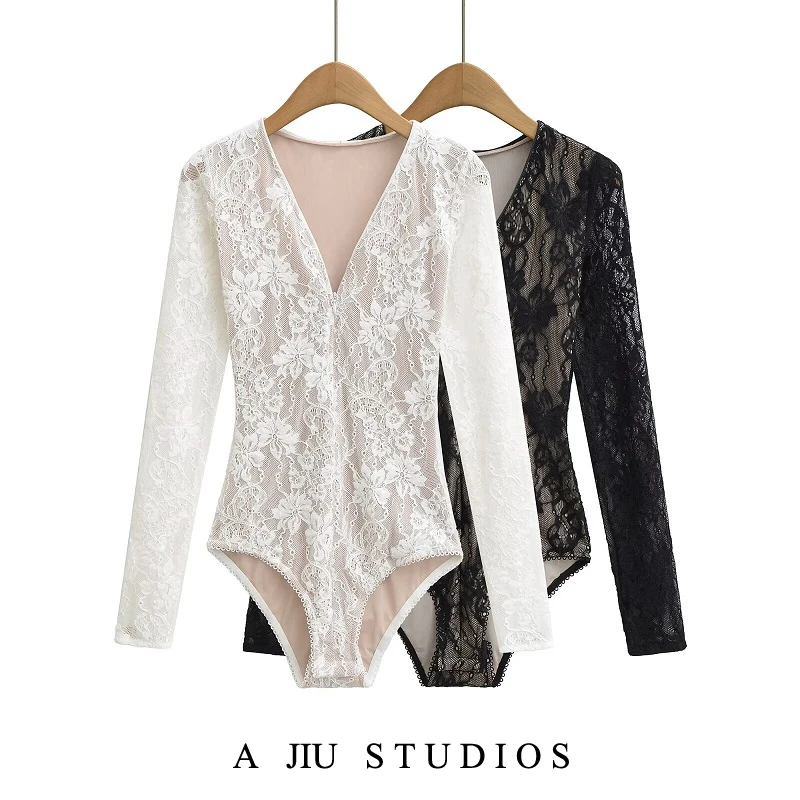 

Pure Desire Sexy Lace V-ne Zipper Double-layer Bodysuit Women's Ele Versatile Slimming Sexy Base irt Top