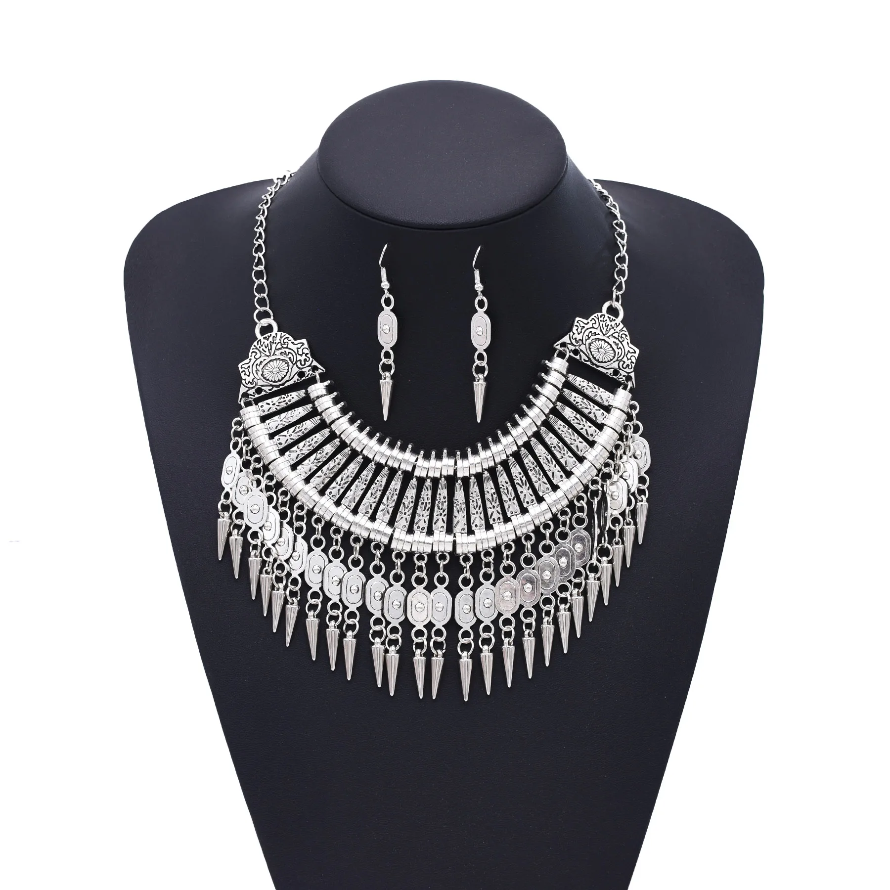 Collar bohemio, collares con pechera, pendientes para mujer, conjunto de joyería plateada tibetana grande y gruesa, regalo de estilo étnico turco Hippie gitano