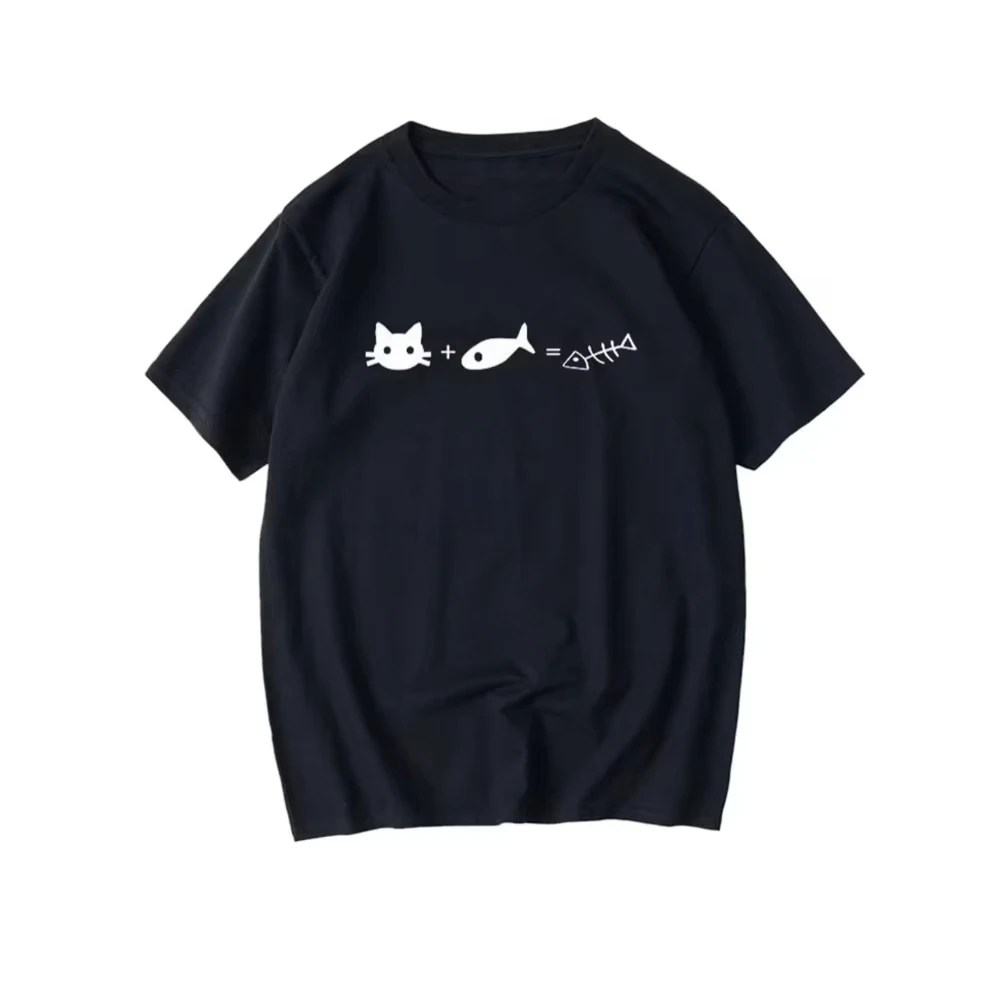 2026 New Funny Cat Fish Equation T-Shirt Humorous Formula Graphic Tee Cute Animal Print Summer Short Sle