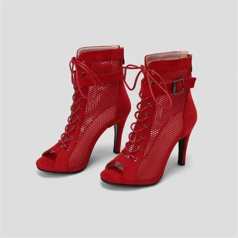 Women Boots Sandals Sexy Hollow Out Mesh Peep Toe Summer Sandals Sexy Cut-outs Gladiator Stiletto Lace-up High Heels Red Party