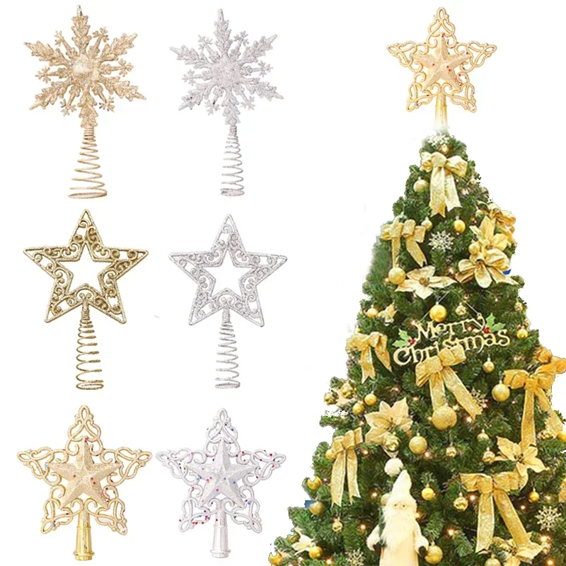 Christmas Tree Toppers Ornaments Gold Silver Five-pointed Star Xmas Tree Pendant Home Christmas Navidad New Year Decoration