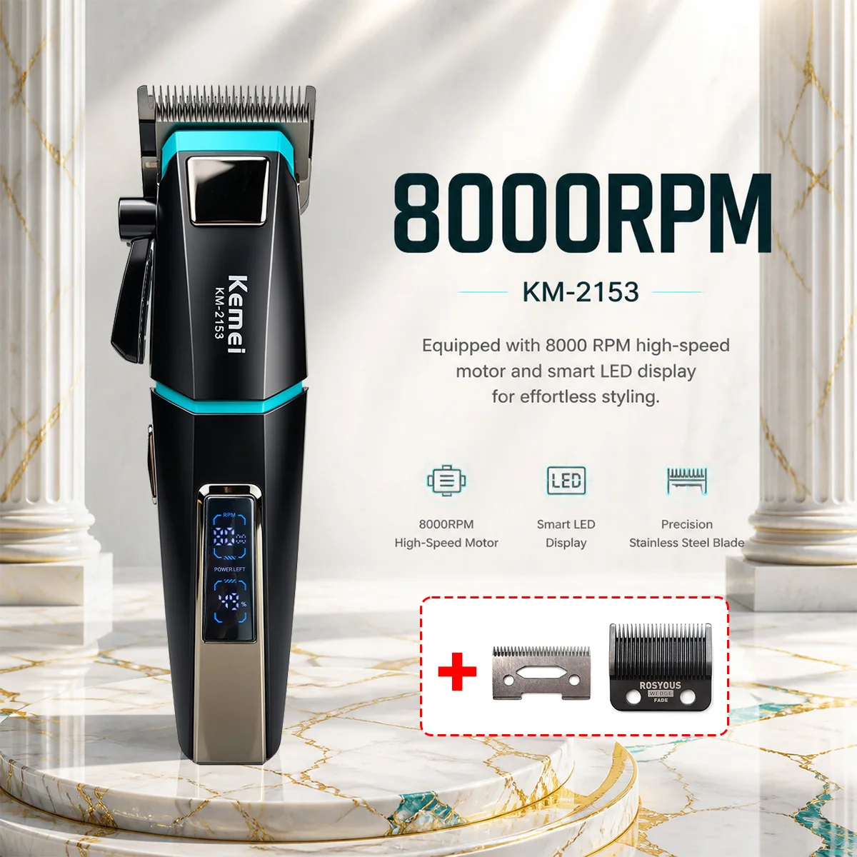 Kemei KM-2153 Professional Bold Hair Cut Machine 8000RPM Fade Blade 2000mAh LED Display 2-Speed 5W DC Motor Men's Hair Clipper