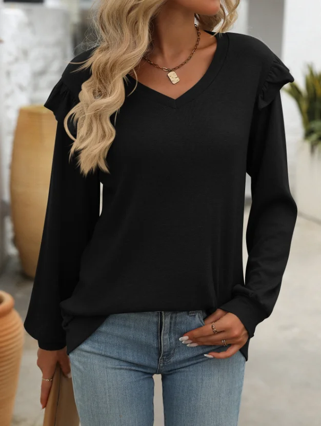 Women's Cut Style Pullover 2025 Autumn Winter Latest Loose Flying Sleeves V-Neck T-Shirt Ear Fun Edge Long Sleeved Blouses Top