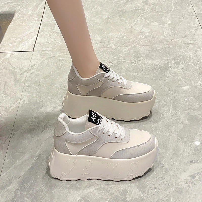 LazySeal 7.5cm High Boots Women Platform Shoes Solid Color Lace Up Spring Autumn Sneakers Chunky Sneaker Wedge White Casual Shoe