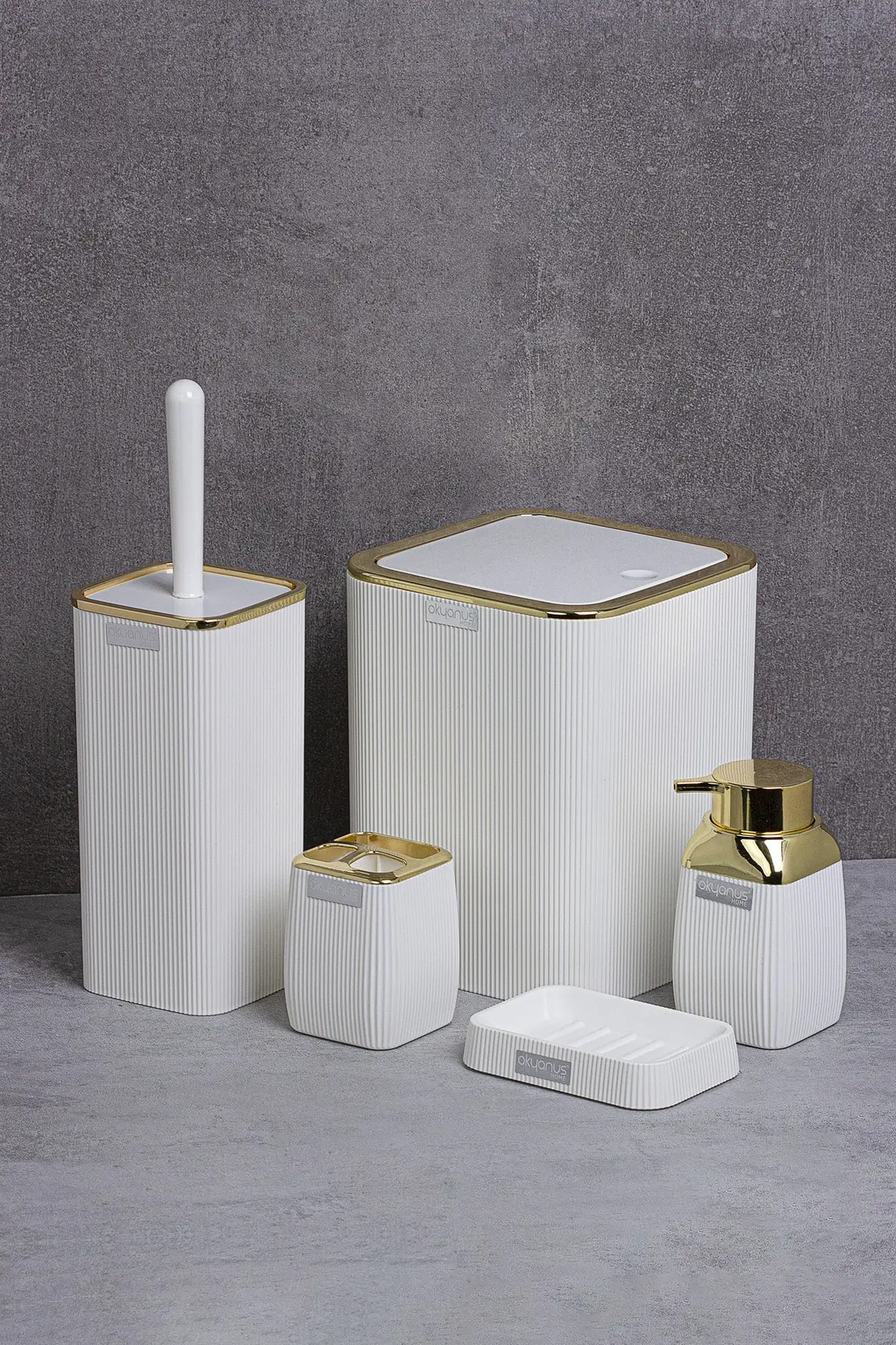 Gold Color Series White Striped 5'li Bathroom Set Bathroom Accessories Sets Liquid Soap Dispenser Room Kit Dental Fırçalığı Toilet Brush