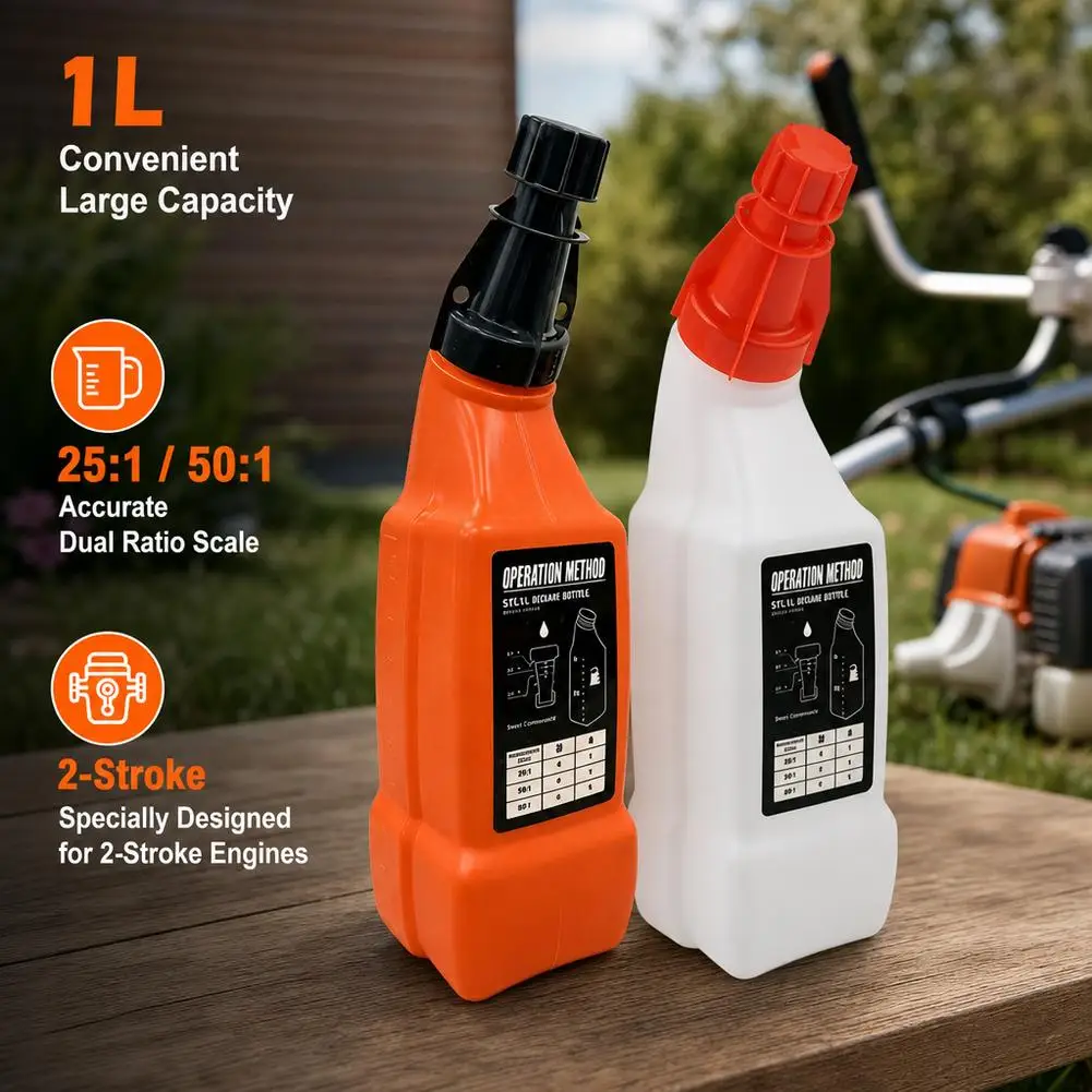 1L 2‑Stroke Fuel Oil Mixing Bottle Leakproof Gas Mix Container 25:1 50:1 Ratio For Chainsaw Lawn Mower Garden Tools