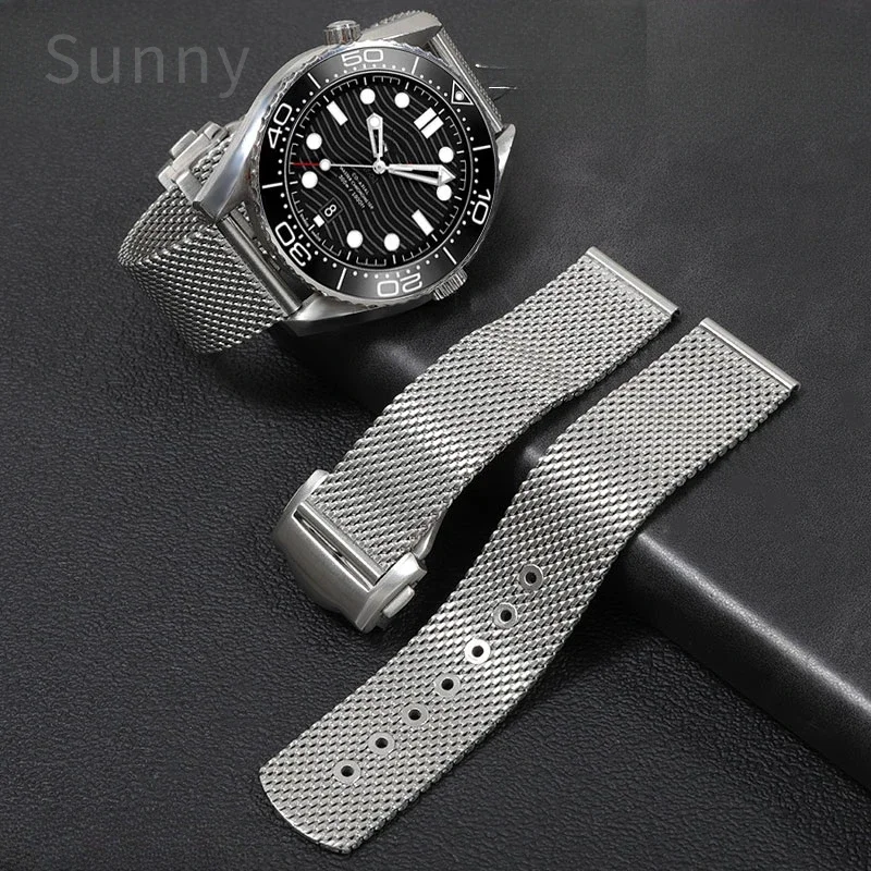 For Omega Solid Stainless Steel 20mm Haima 30 Observatory New Milan Mesh Belt with Tool Double Press Fold Buckle Watchband