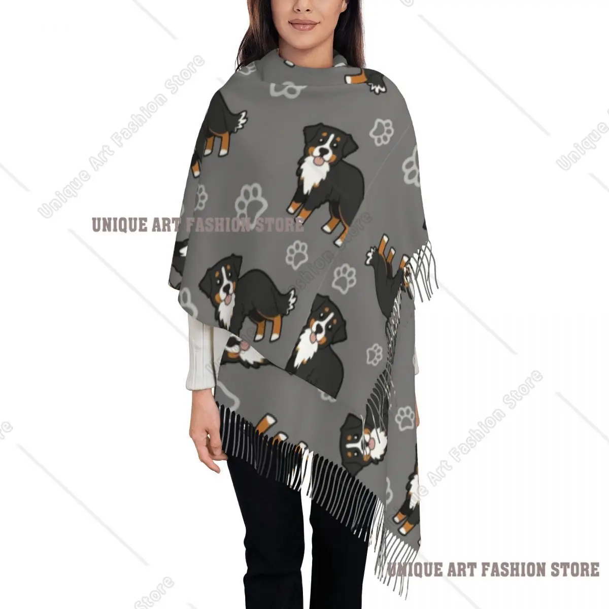 Bernese Mountain Dog Scarf for Women Fall Winter Cashmere Shawl Wrap Cartoon cute animal Large Scarves with Tassel Daily Wear