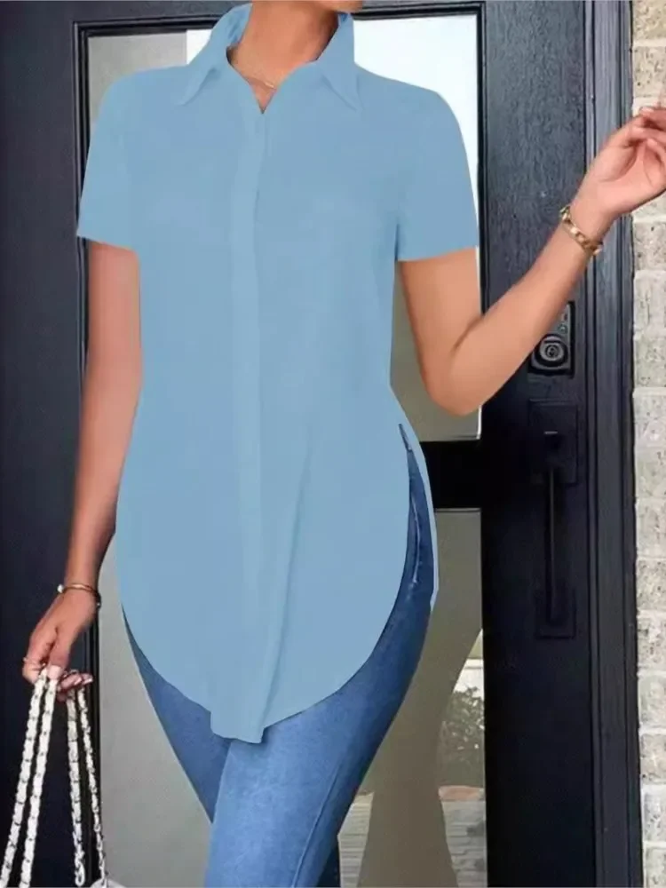 Blusas de mujer, camisa informal blanca de manga corta a la moda, camisas ajustadas irregulares con solapa OL, ropa de mujer, Tops de calle