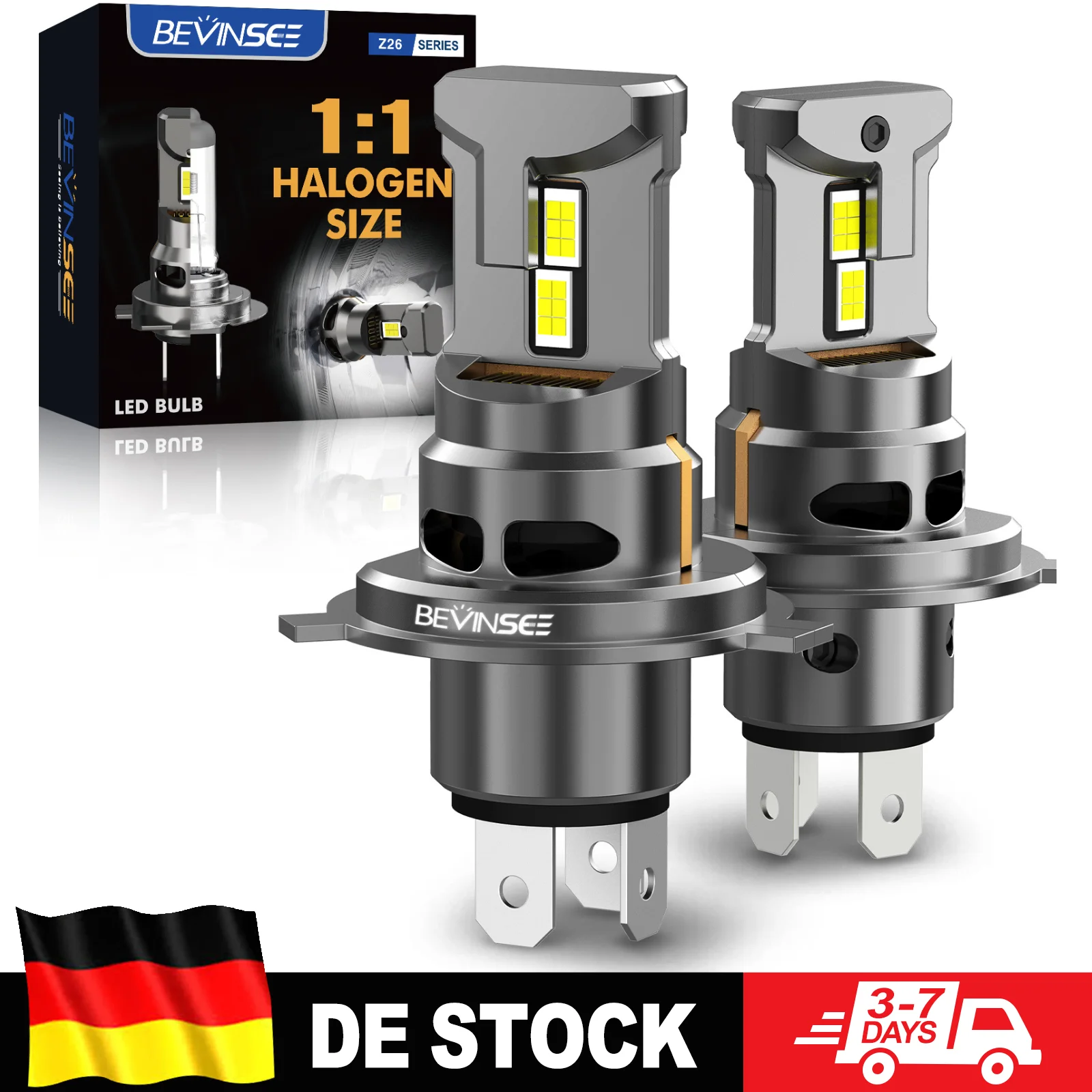 BEVINSEE H4 LED CANBUS Scheinwerferlampen 70W 12000LM H4 LED Auto Fern-/Abblendlicht 1:1 Halogen-Größe Plug&Play Kabellos 6000K 12V
