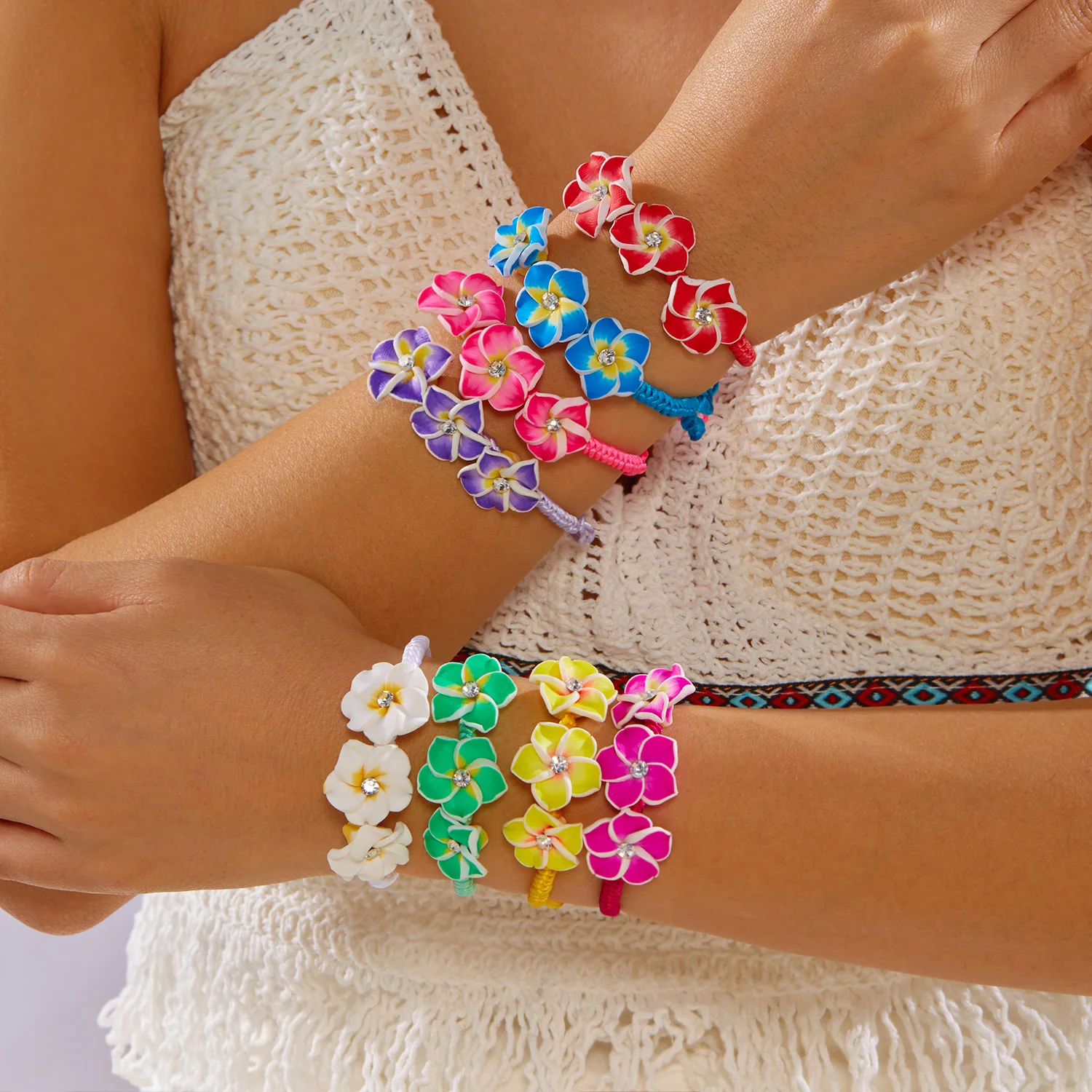 Bohemian Colorful Plumeria Flower Bracelet for Women Handmade Polymer Clay Braided Rope Bangle Summer Beach Party Jewelry Gift