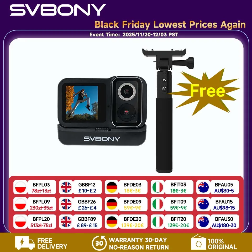 

Svbony SVGo Dual Lens Dual Screen Action Camera Waterproof Grip Charging 4K30 More Clearly Visible by Night for Cycling Vlog