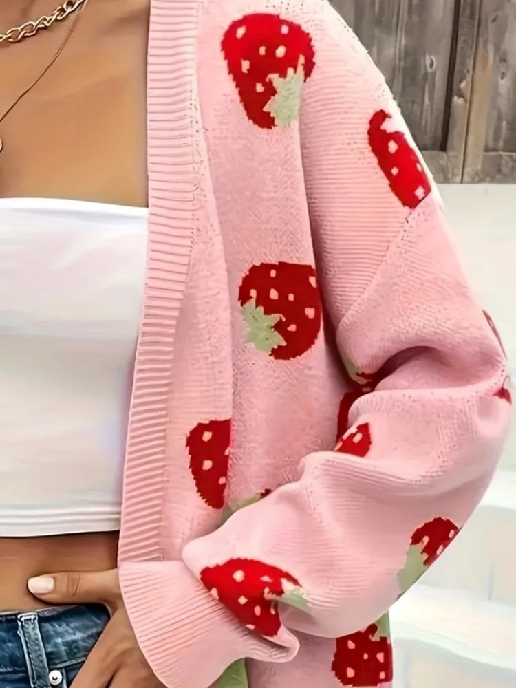 New Women\'s Sweater Coat Knitted Cardigan Pink Strawberries Loose Cover Up Comfortable Open Front Ladies Mid-long Sweaters