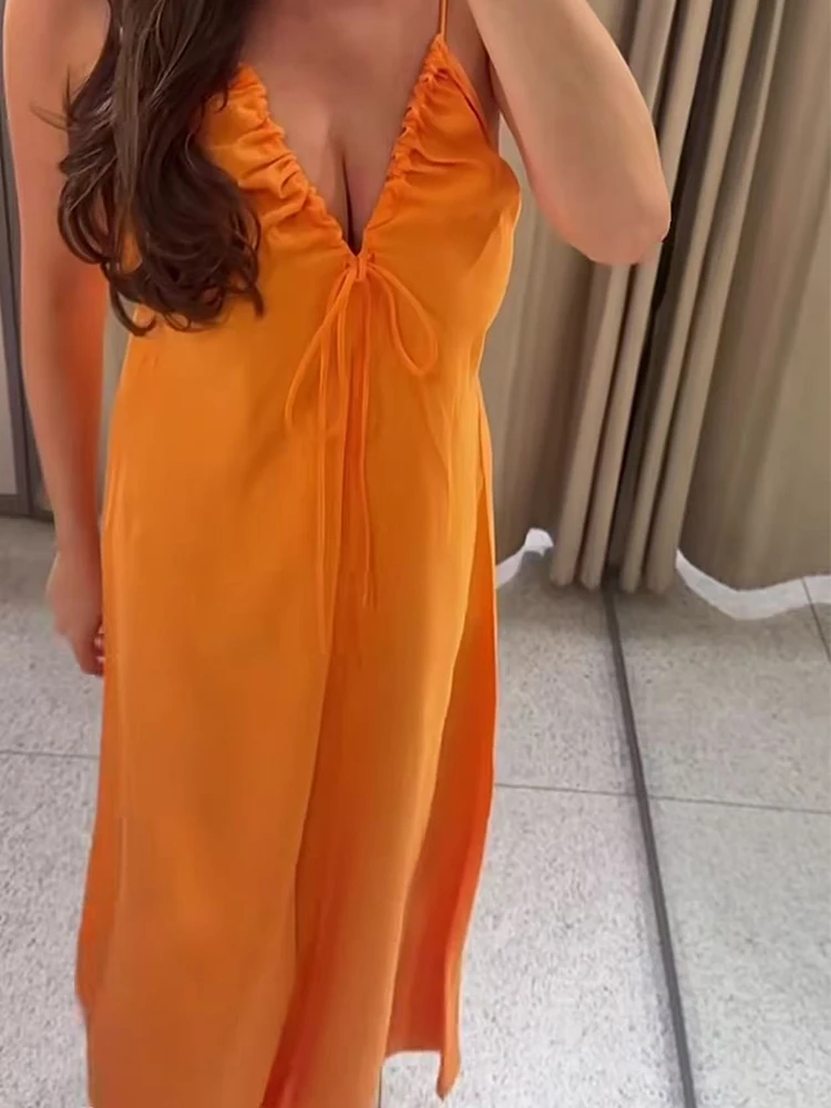 Damen-Schnürkleid mit Schleife, V-Ausschnitt, drapiert, plissiert, Sling-Kleid, locker sitzendes Midi- und Maxikleid, einfarbig, lockere Passform, Robe Femme, Vestidos