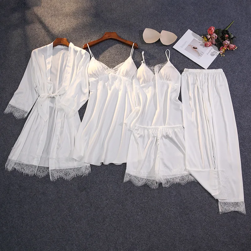 

5pcs XXL Sexy Satin Pajamas Sets Winter Female Sleepwear For Women Lace Pyjamas Nightgowns Pijama Home Wear Suit pyjama femme
