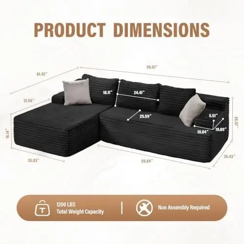 Boneless Couch Modular Sectional Sofa L-Shape Cloud Couch Lounge | 96