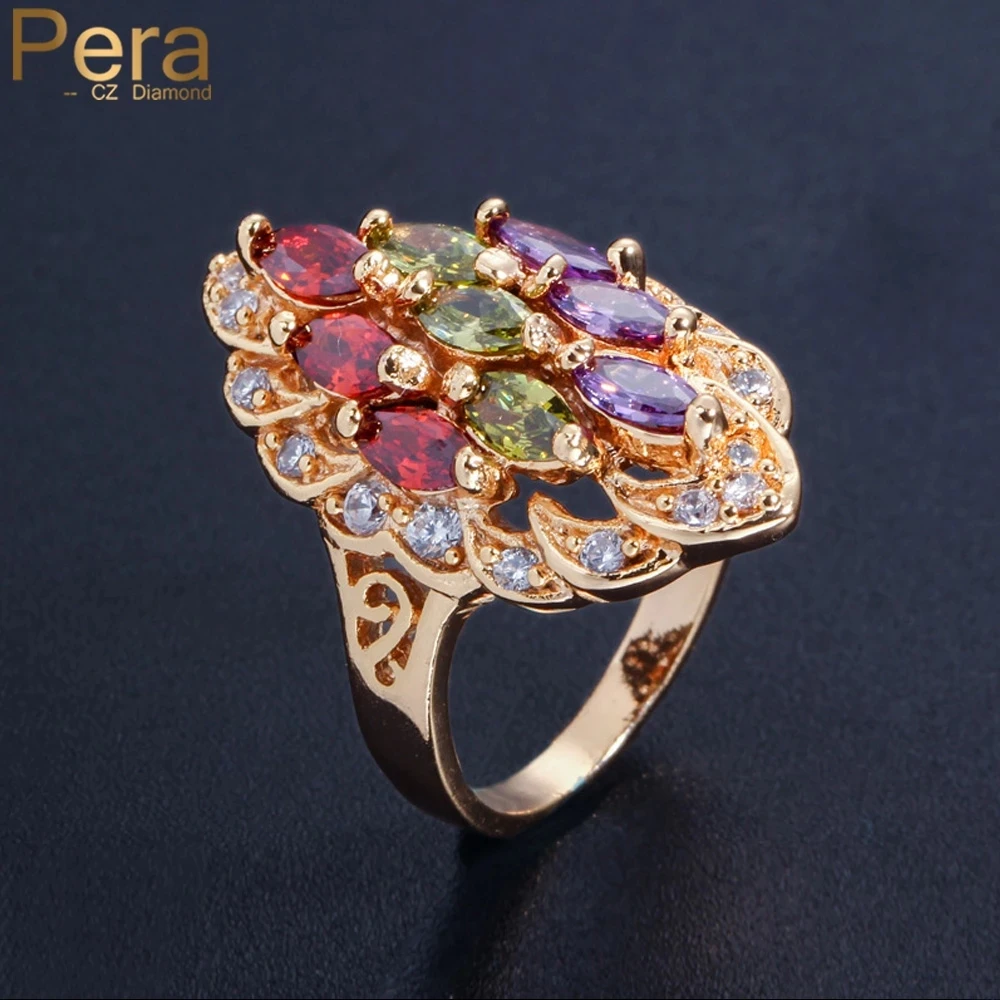 Pera Dubai Yellow Gold Color Jewelry Multi Purple Green Red Vintage CZ Engagement Wedding Party Finger Rings for Women R017